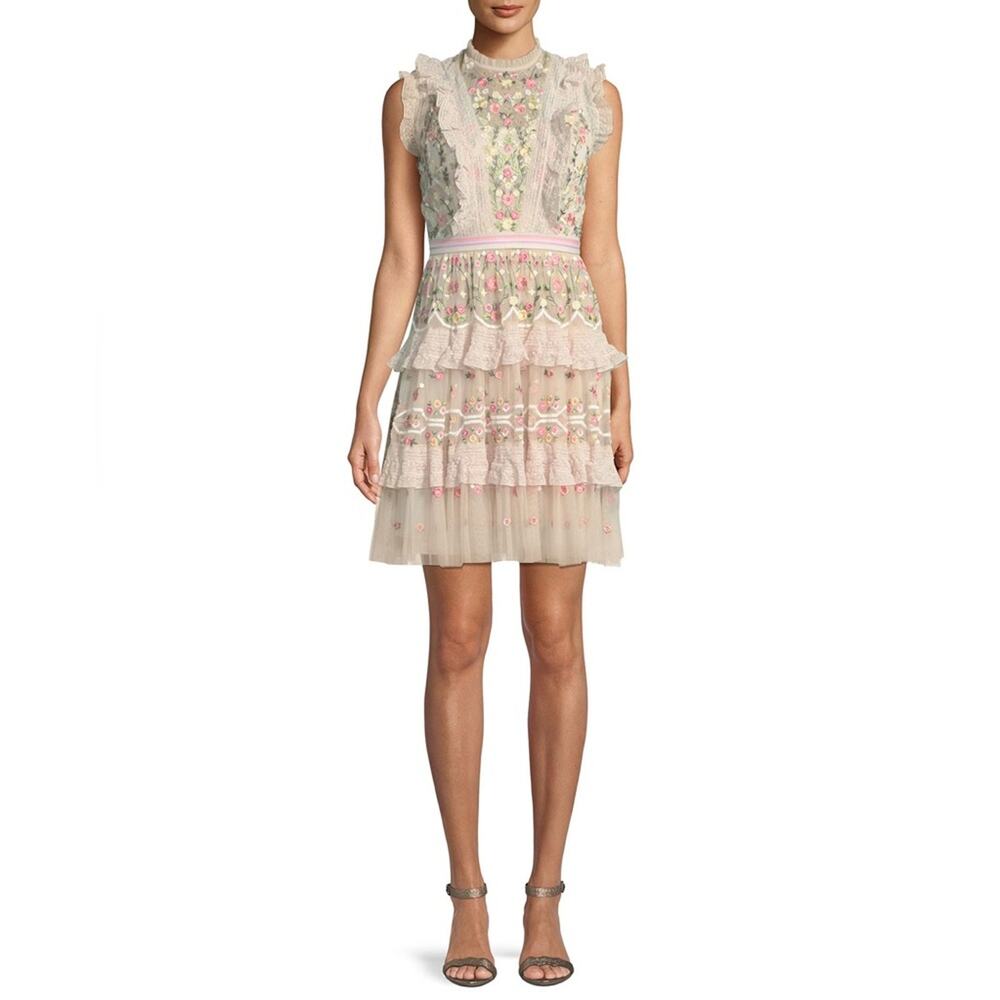 Needle & Thread Lattice Rose Embroidered Frill Sleeveless Mini Dress Women’s 2 - Picture 15 of 15